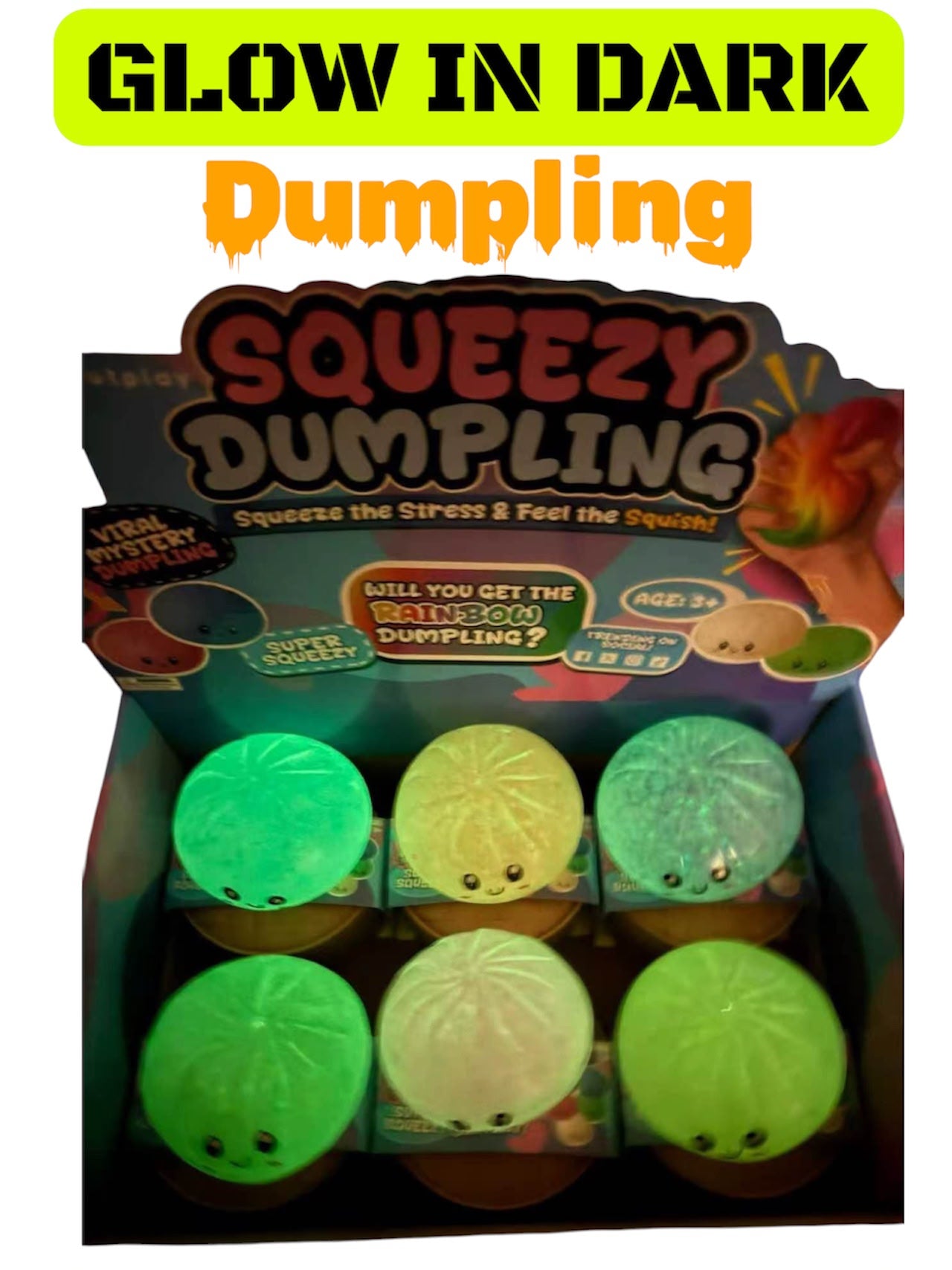 Glow in the Dark Squeezy Dumpling Toy – 12PCS Display Box | Mystery Squishy Sensory Fidget Toys | Stress Relief Squeeze Balls | Glow-in-the-Dark Collectible Toy
