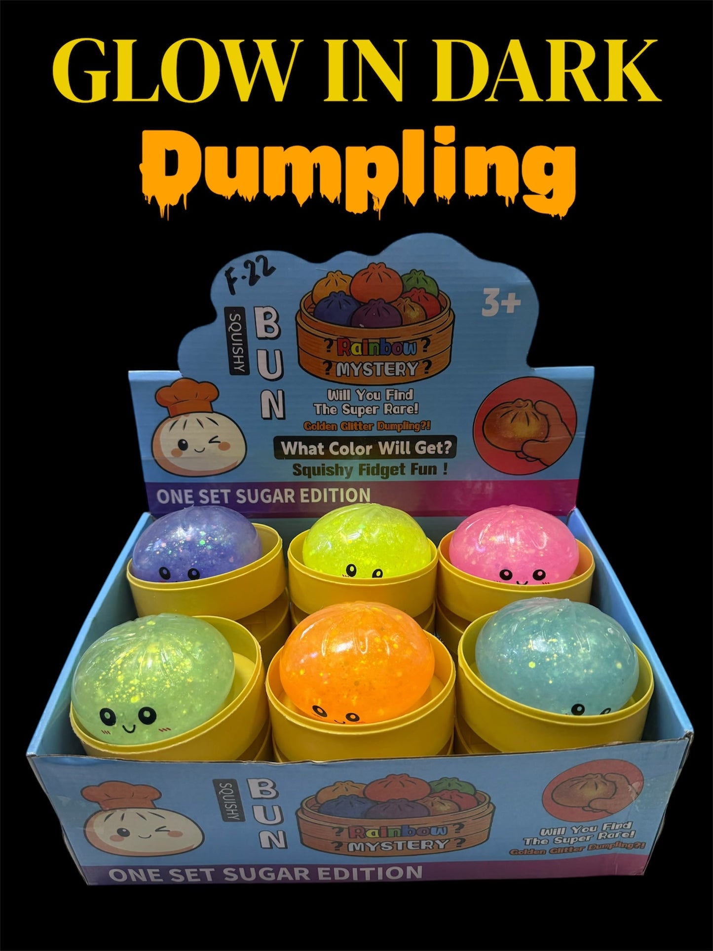 Glow in the Dark Rainbow Mystery Dumpling Squishy Toy – 12PCS Display Box | Glitter Sensory Fidget Toy | Stress Relief Squeeze Ball | Kawaii Bun Collectible