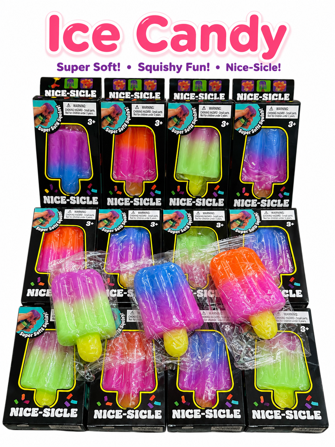 Ice Candy Squishy Toy – 12PCS Display Box | Colourful Popsicle Stress Relief Squishies | Soft Sensory Fidget Toy | Slow Rising Ice Lolly Squishy