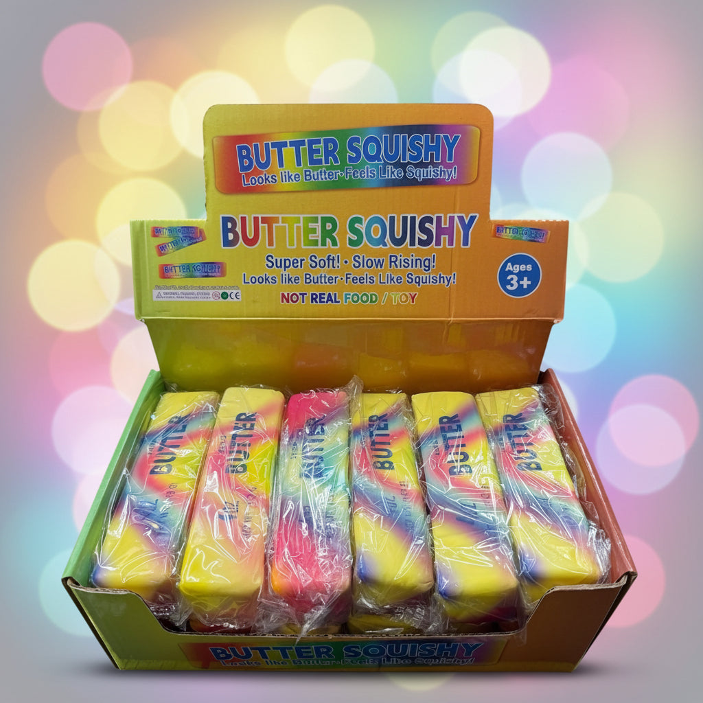 Rainbow Butter Squishy Toy – 12PCS Display Box | Colourful Slow Rising Squishy Butter Blocks | Sensory Stress Relief Fidget Toy | Soft Squeeze Toy
